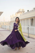 Purple Faux Georgette Designer Gown with Russian Silk Sequined Dupatta – Elegant Fully Flared Party & Wedding Set