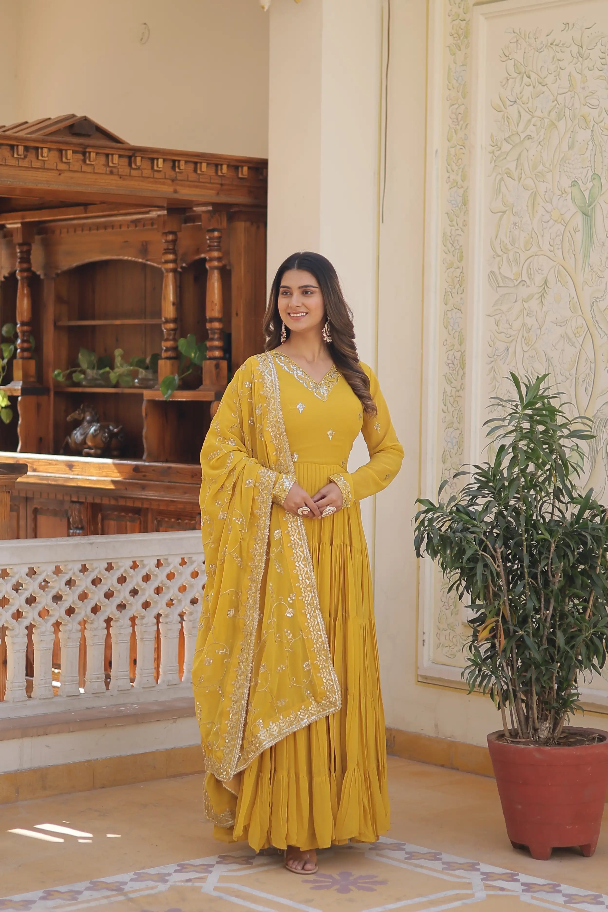 Yellow Faux Georgette Designer Gown with Sequined Dupatta – Fully Flared Elegant Party & Wedding Set