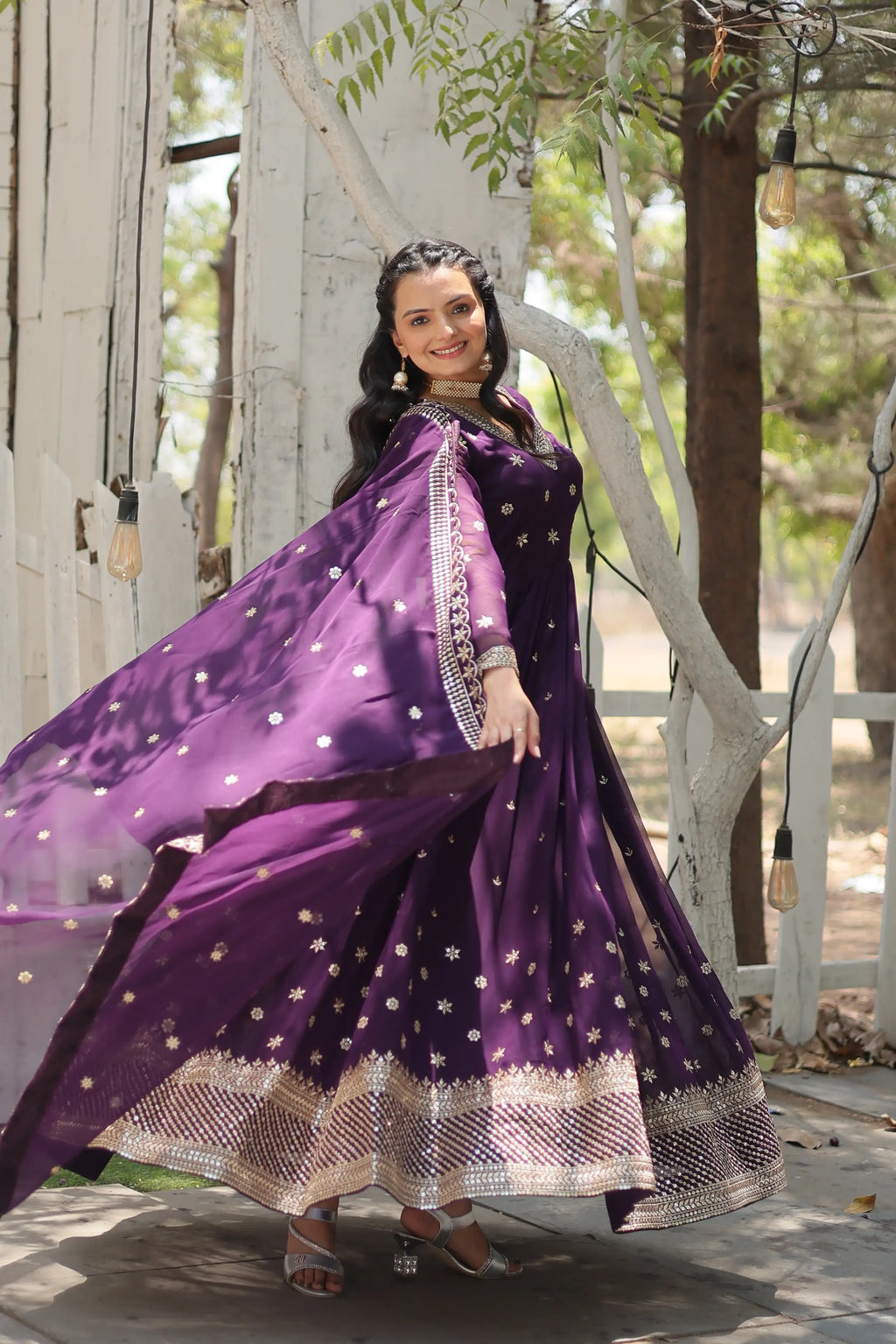 Purple Designer Faux Blooming Anarkali Gown with Sequins Embroidered Dupatta – Wedding & Festive Wear