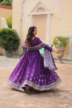 Purple Designer Chinon Sequins Embroidered Gown with Kalamkari Silk Dupatta