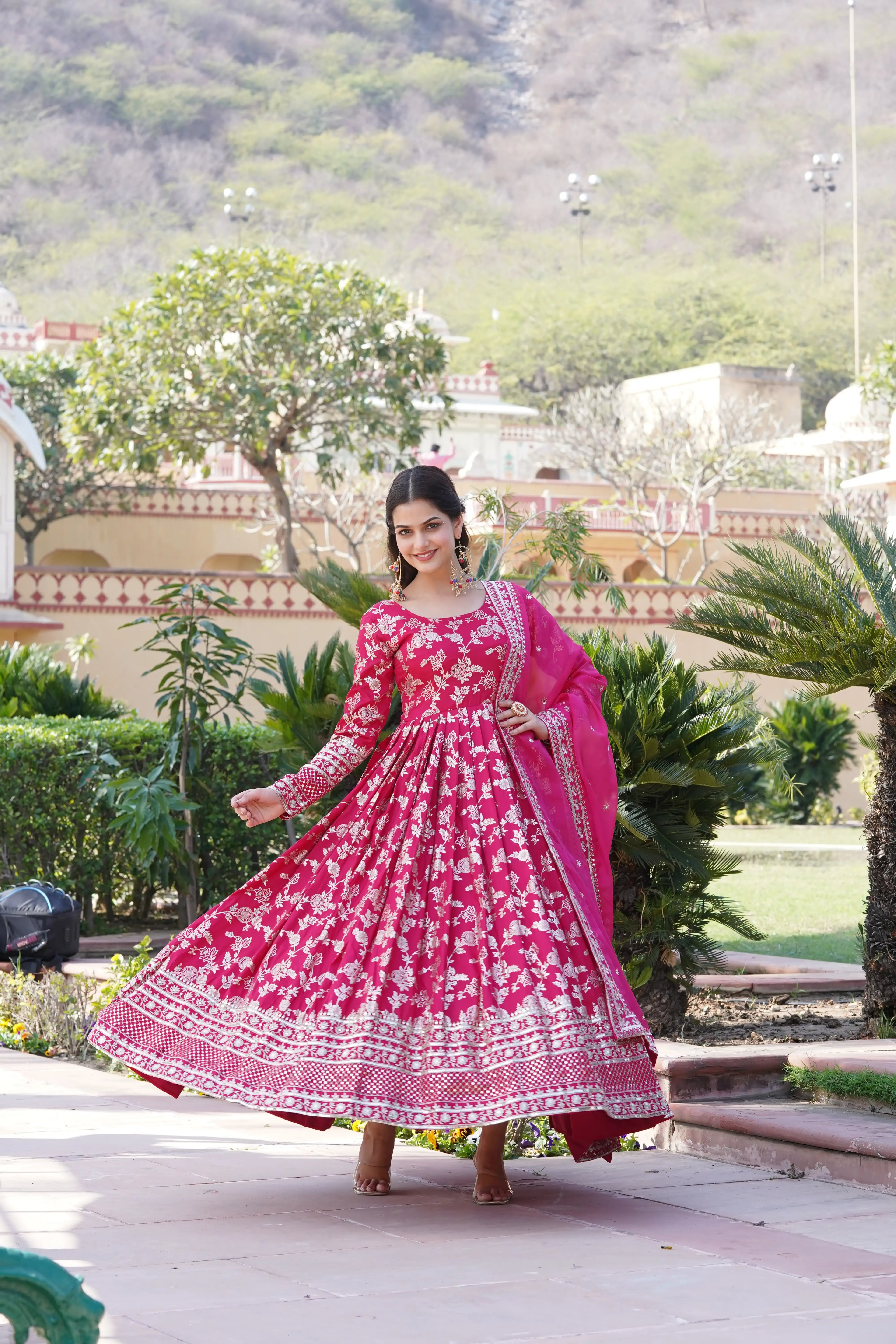 Pink Viscose Dyable Jacquard Gown with Russian Silk Sequined Dupatta – Elegant Party & Wedding Set