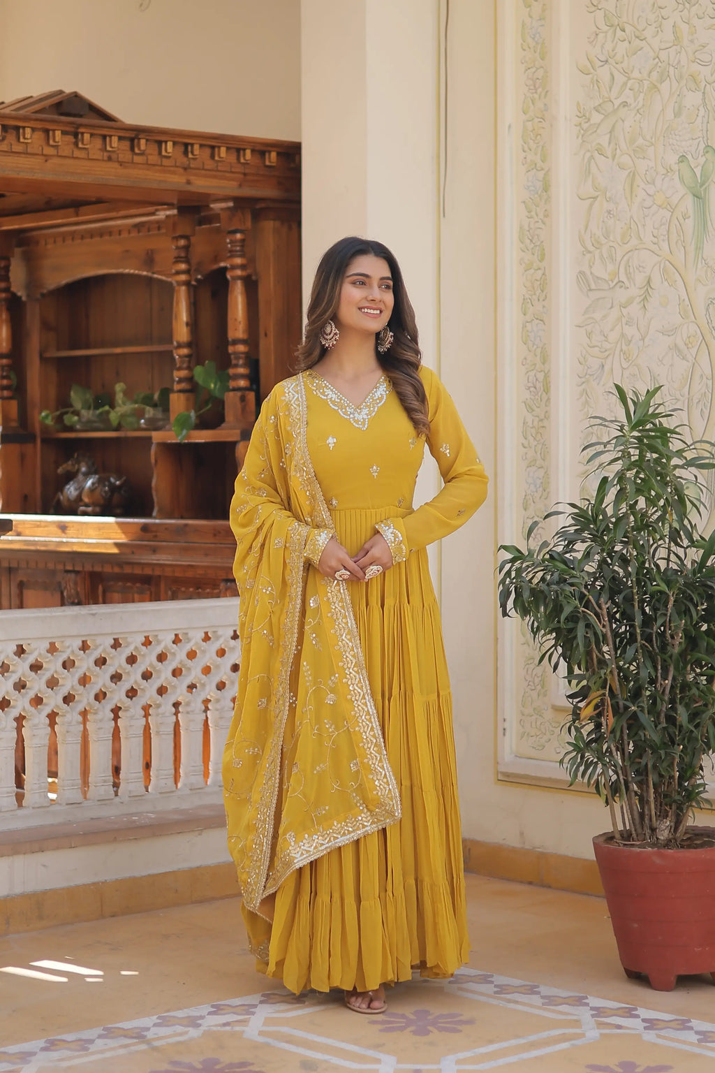 Yellow Faux Georgette Designer Gown with Sequined Dupatta – Fully Flared Elegant Party & Wedding Set