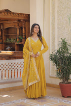 Yellow Faux Georgette Designer Gown with Sequined Dupatta – Fully Flared Elegant Party & Wedding Set