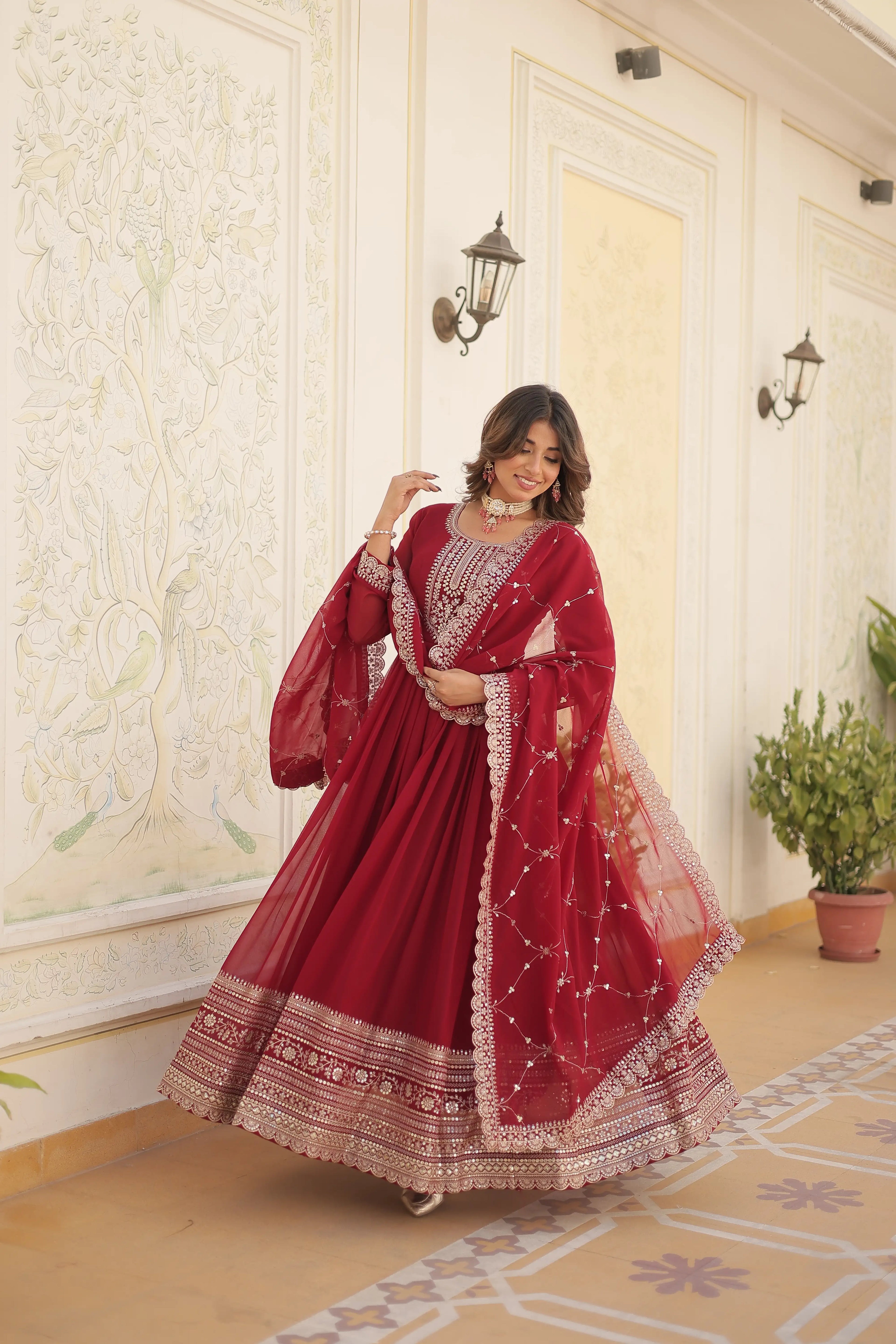 Maroon Faux Blooming Sequins Embroidered Gown with Matching Dupatta – Festive & Party Wear 2024