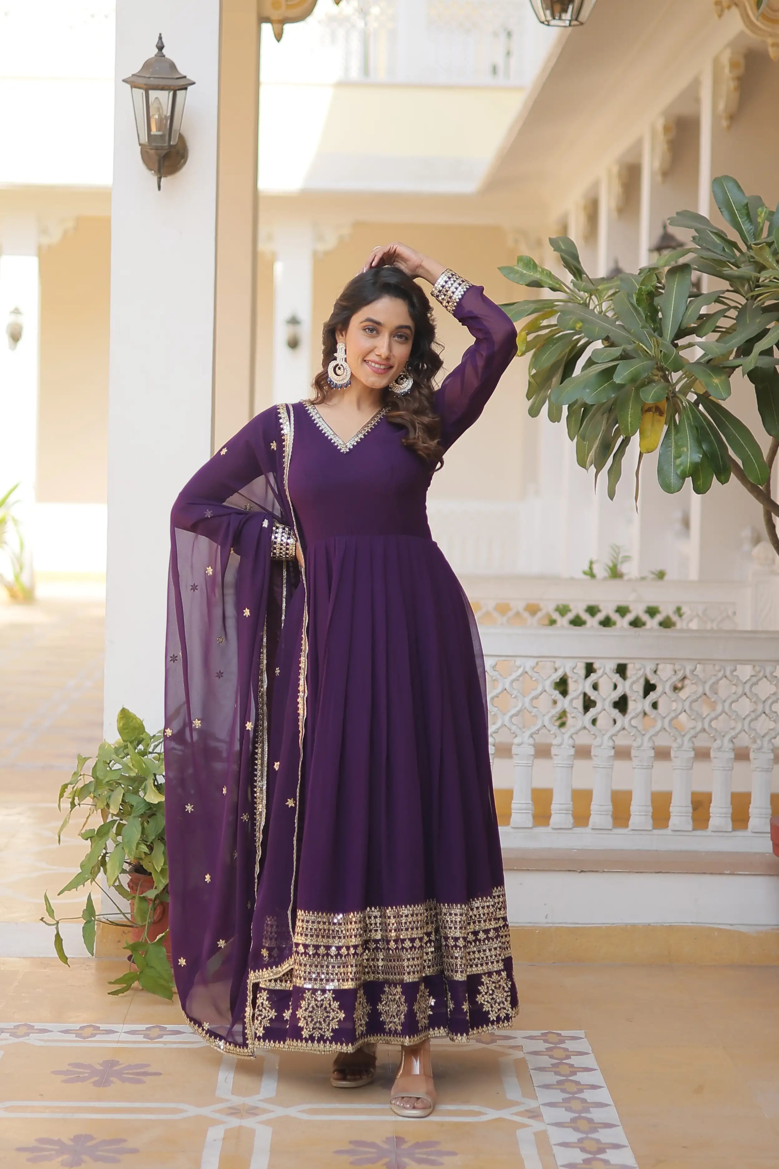 Purple Faux Blooming Gown with Sequined Dupatta – Elegant Fully Flared Party & Wedding Set