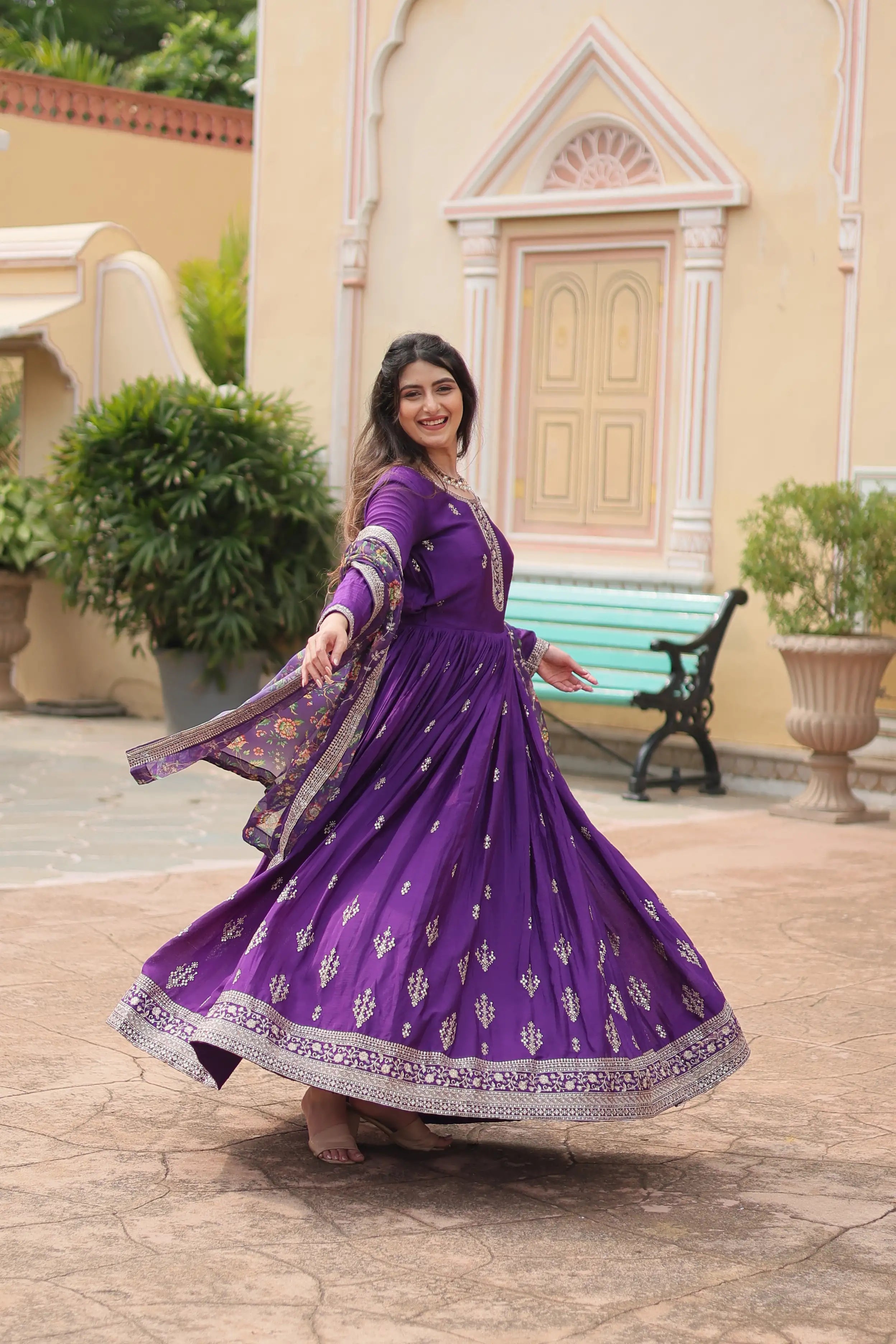 Purple Designer Chinon Sequins Embroidered Gown with Kalamkari Silk Dupatta