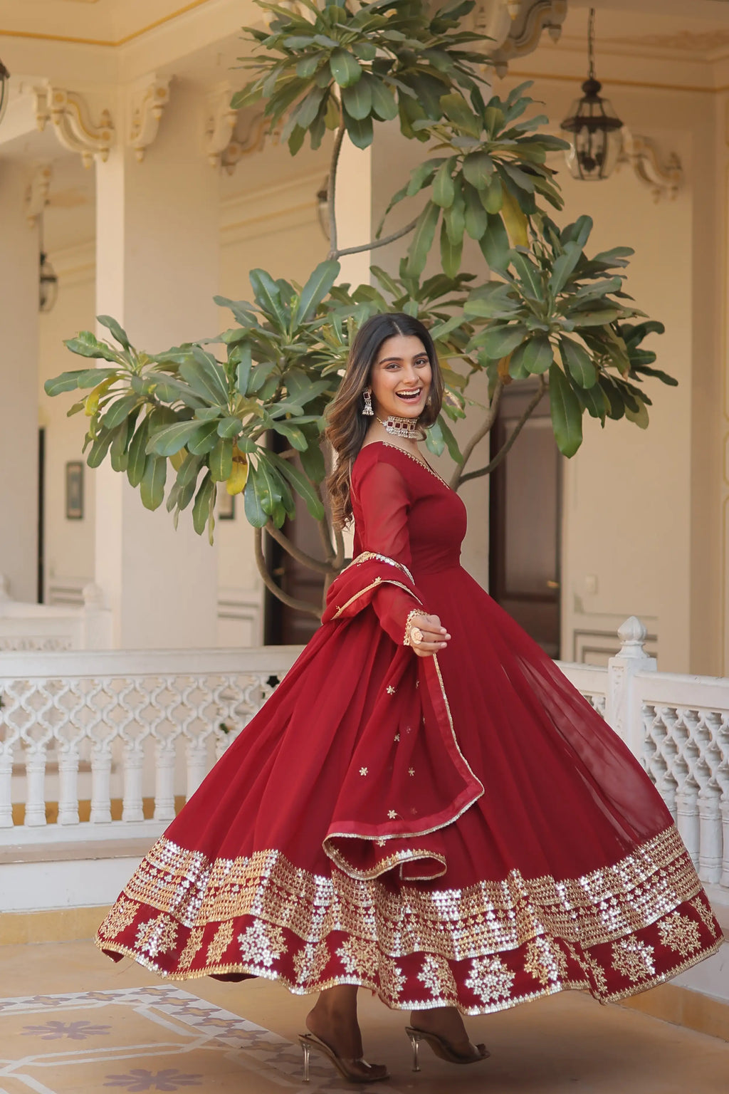 Maroon Faux Blooming Gown with Sequined Dupatta – Elegant Fully Flared Party & Wedding Set