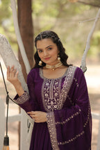 Purple Faux Blooming Sequins Embroidered Gown with Matching Dupatta – Festive & Party Wear
