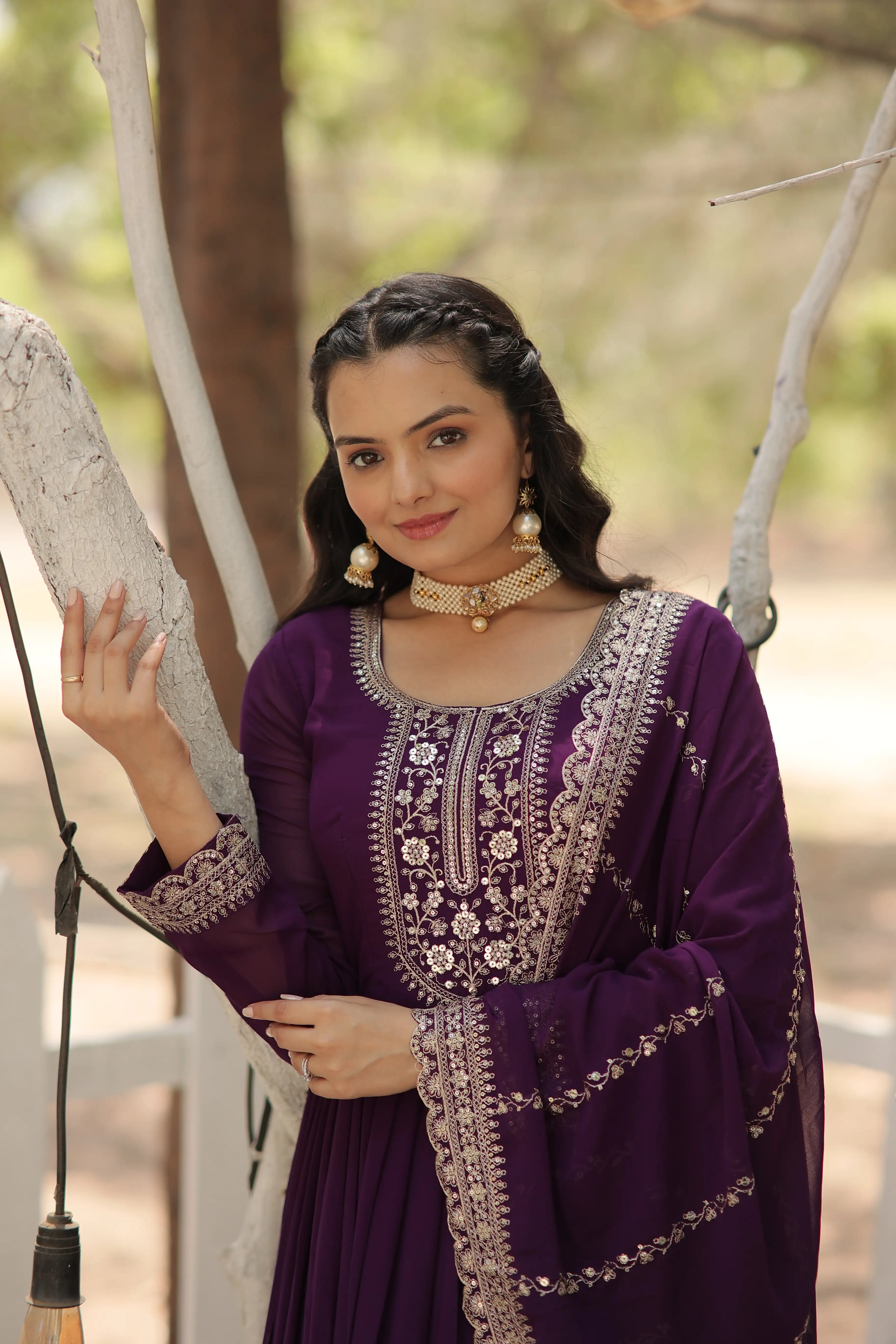 Purple Faux Blooming Sequins Embroidered Gown with Matching Dupatta – Festive & Party Wear