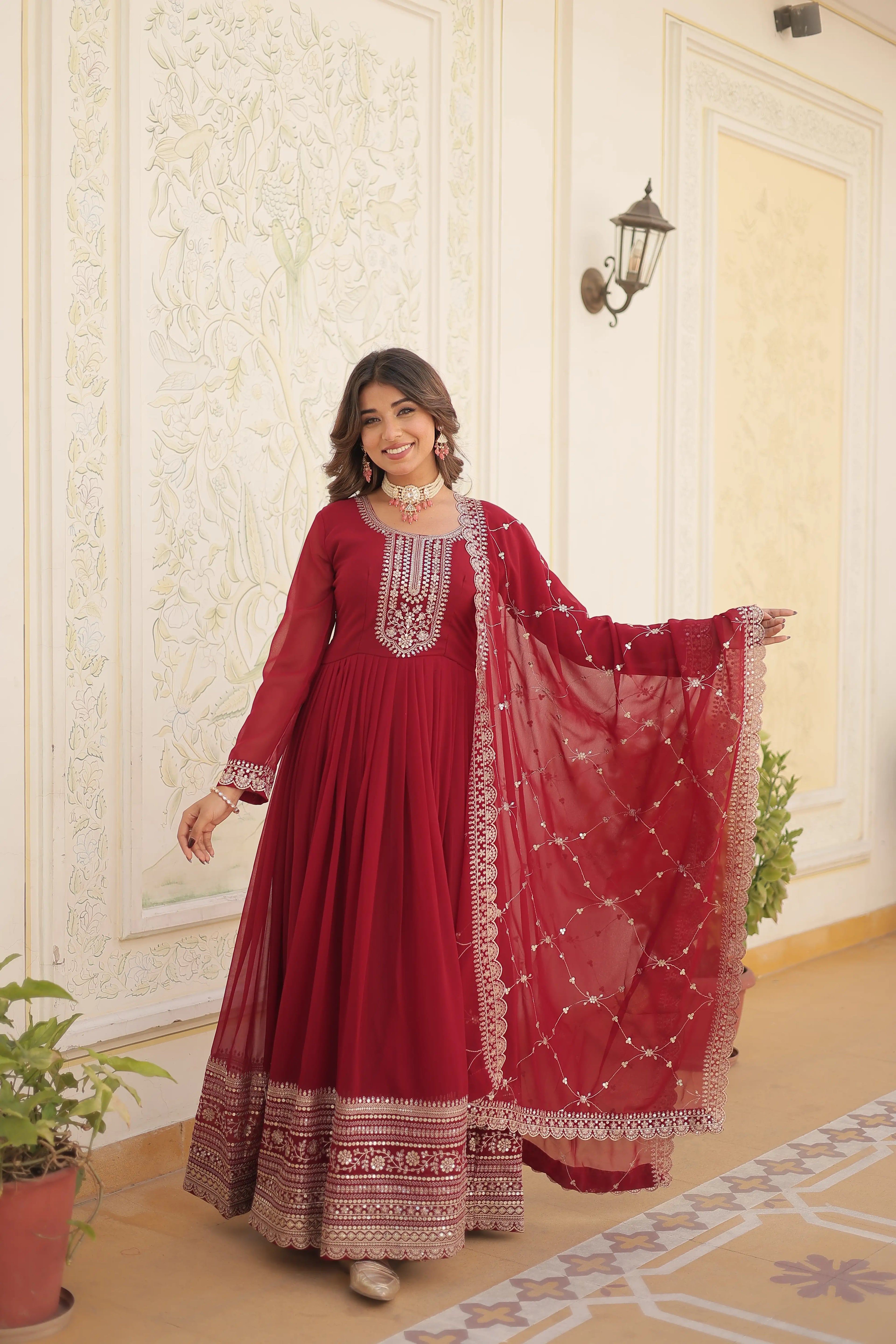 Maroon Faux Blooming Sequins Embroidered Gown with Matching Dupatta – Festive & Party Wear 2024