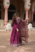 Wine Designer Chinon Sequins Embroidered Gown with Kalamkari Silk Dupatta