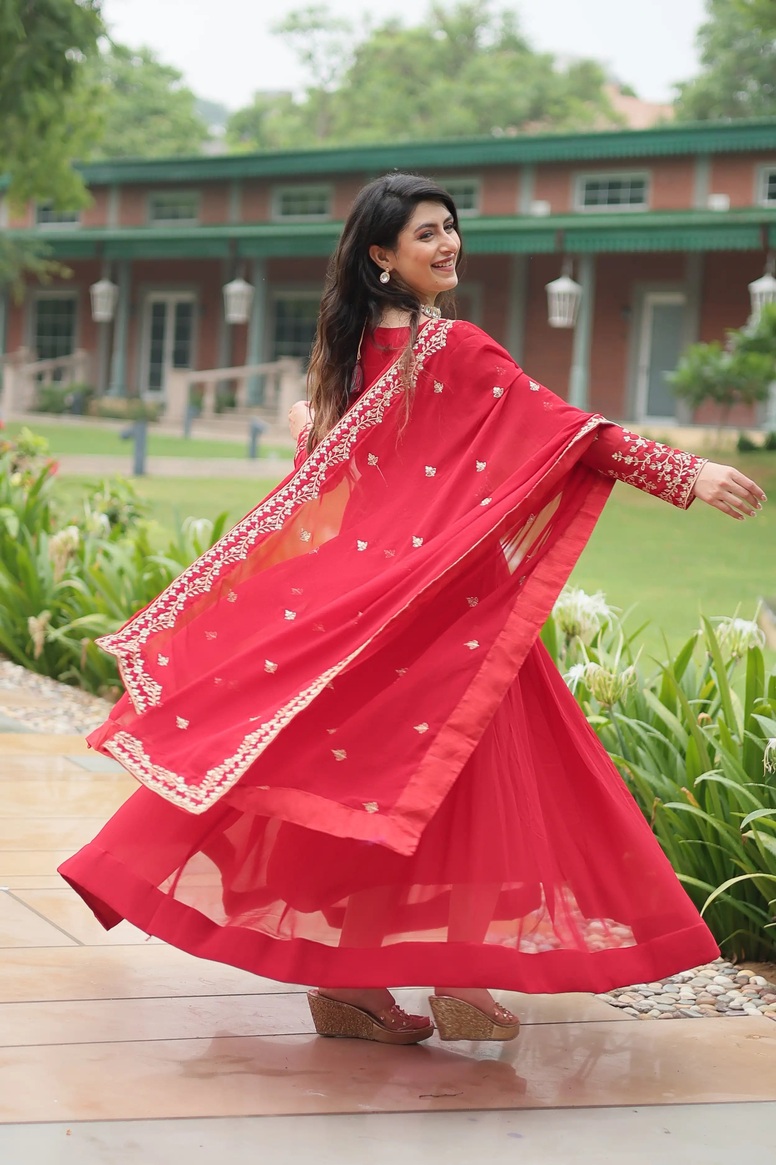 Red Faux Blooming Sequins & Zari Embroidered Gown with Matching Dupatta