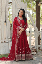 Maroon Designer Faux Blooming Anarkali Gown with Sequins Embroidered Dupatta – Wedding & Festive Wear