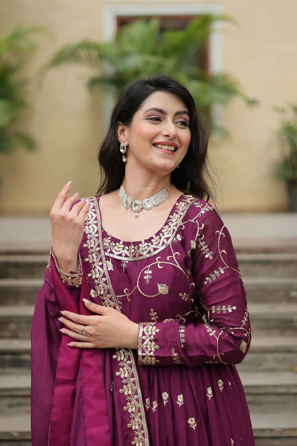 Wine Premium Chinon Sequins Embroidered Kurti with Sharara & Dupatta Set