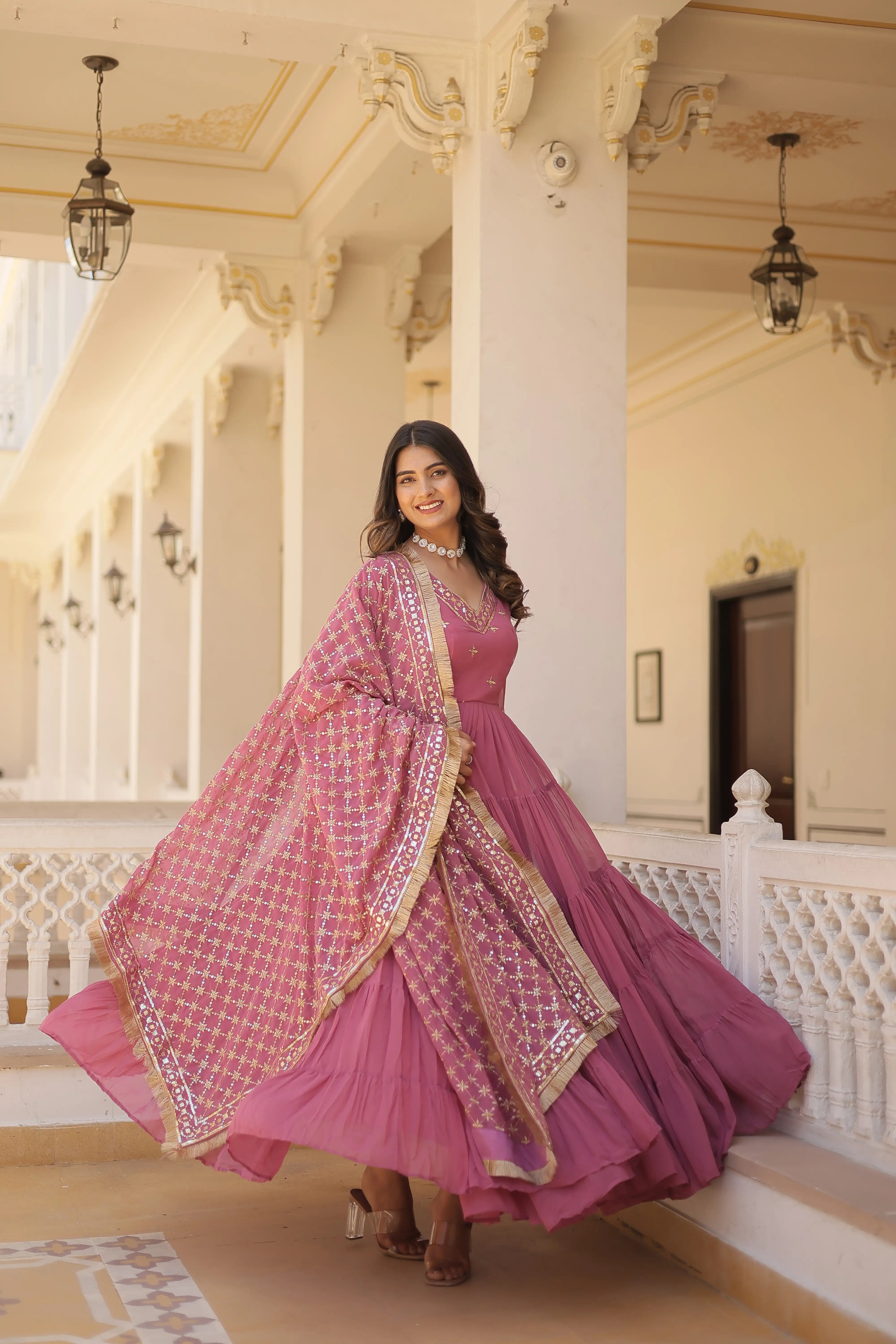 Onion Designer Faux Georgette Gown with Sequined Dupatta – Elegant Festive & Party Wear Set