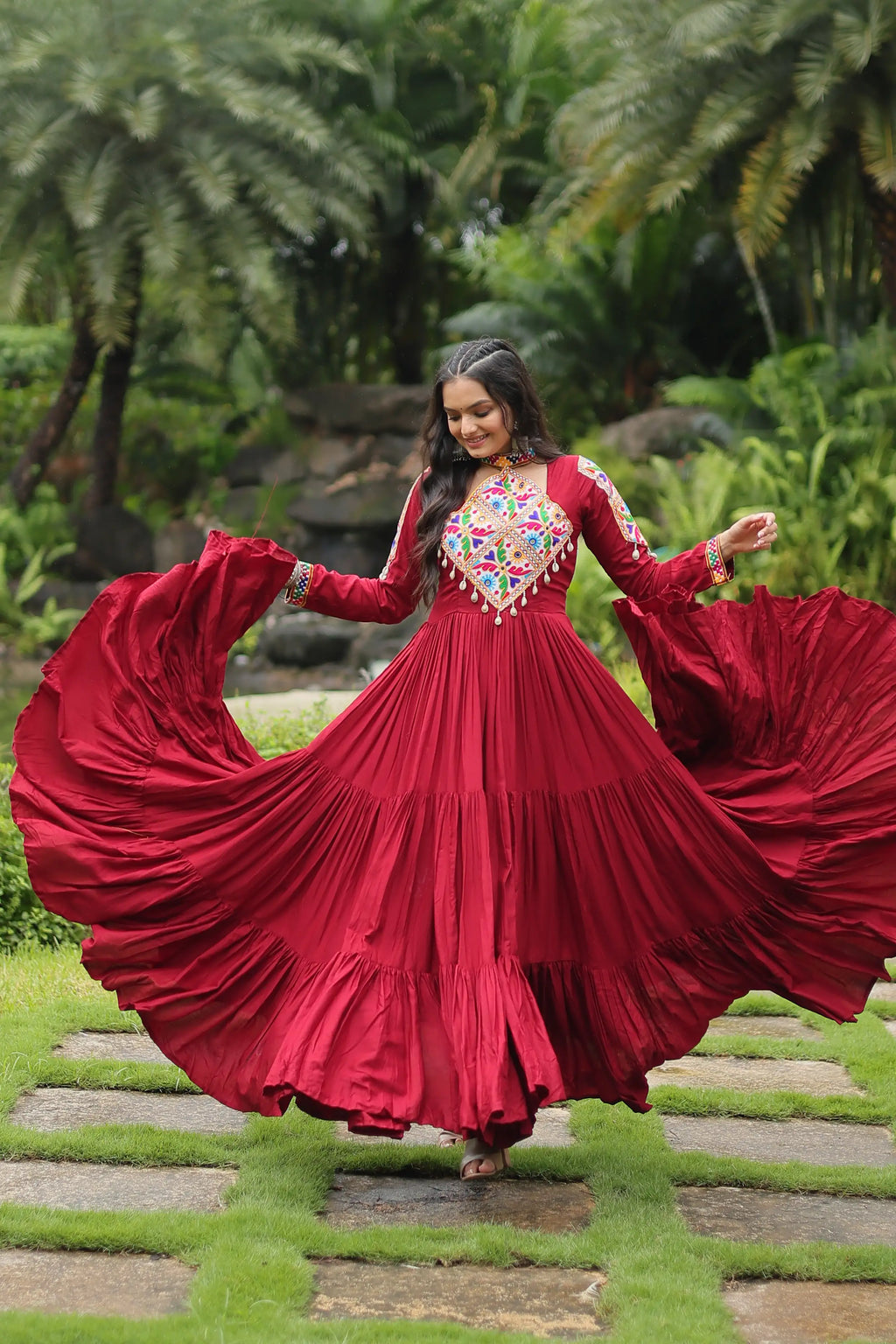 Maroon Reyon Partywear Gown with Kutchi Gamthi Work