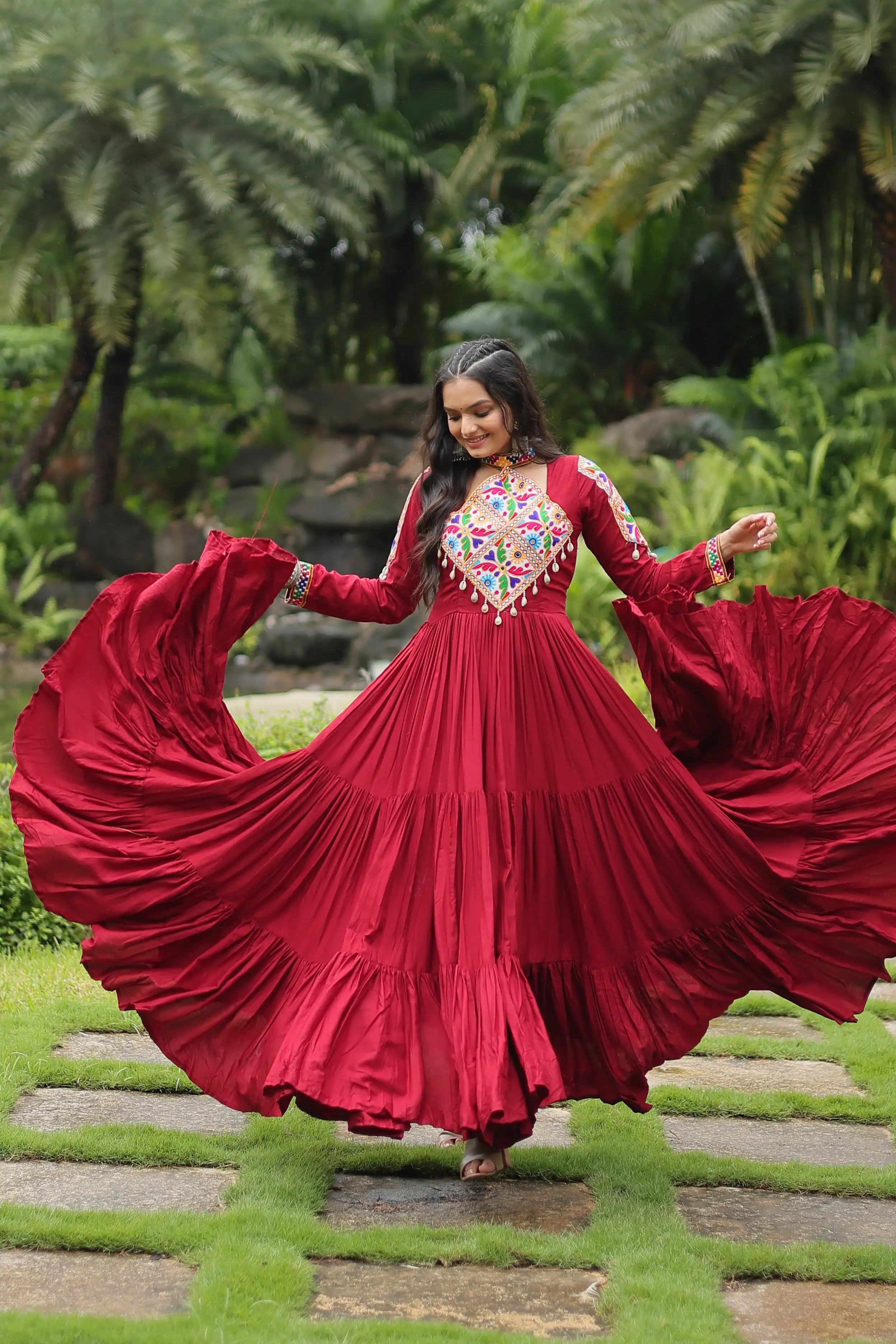 Maroon Reyon Partywear Gown with Kutchi Gamthi Work