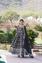 Black Viscose Dyable Jacquard Gown with Russian Silk Sequined Dupatta – Elegant Party & Wedding Set