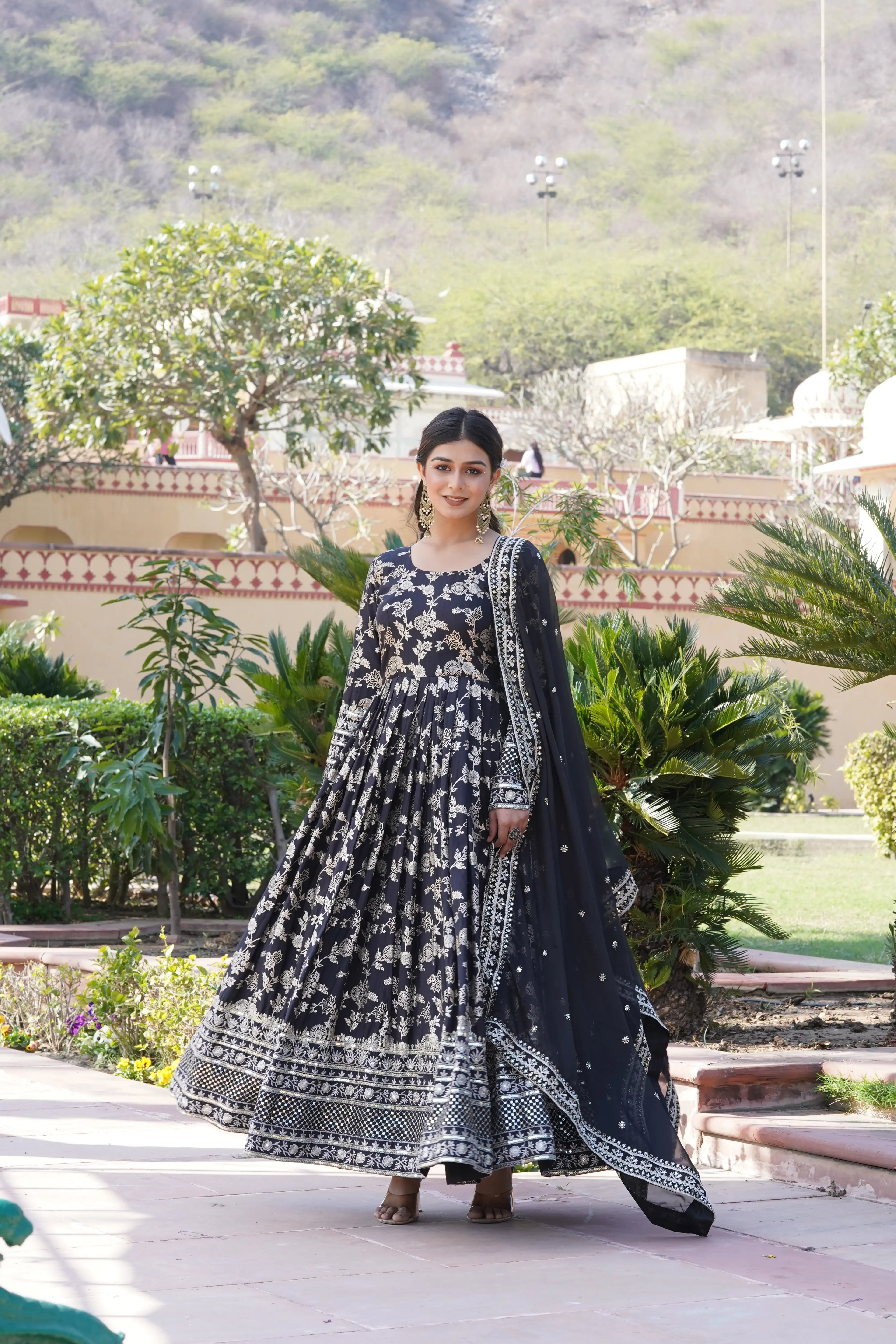 Black Viscose Dyable Jacquard Gown with Russian Silk Sequined Dupatta – Elegant Party & Wedding Set
