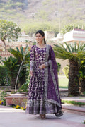 Wine Viscose Dyable Jacquard Gown with Russian Silk Sequined Dupatta – Elegant Party & Wedding Set