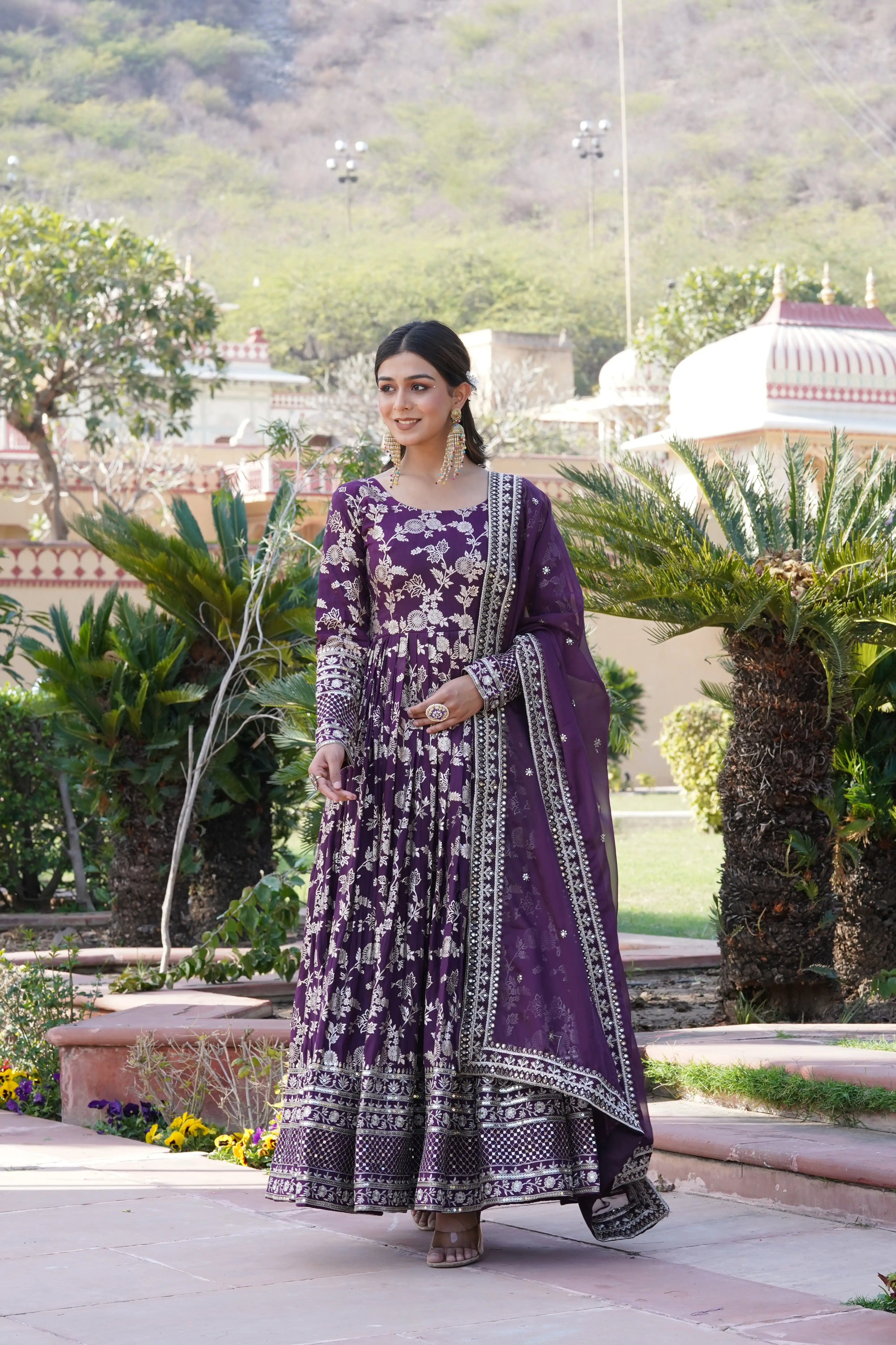 Wine Viscose Dyable Jacquard Gown with Russian Silk Sequined Dupatta – Elegant Party & Wedding Set
