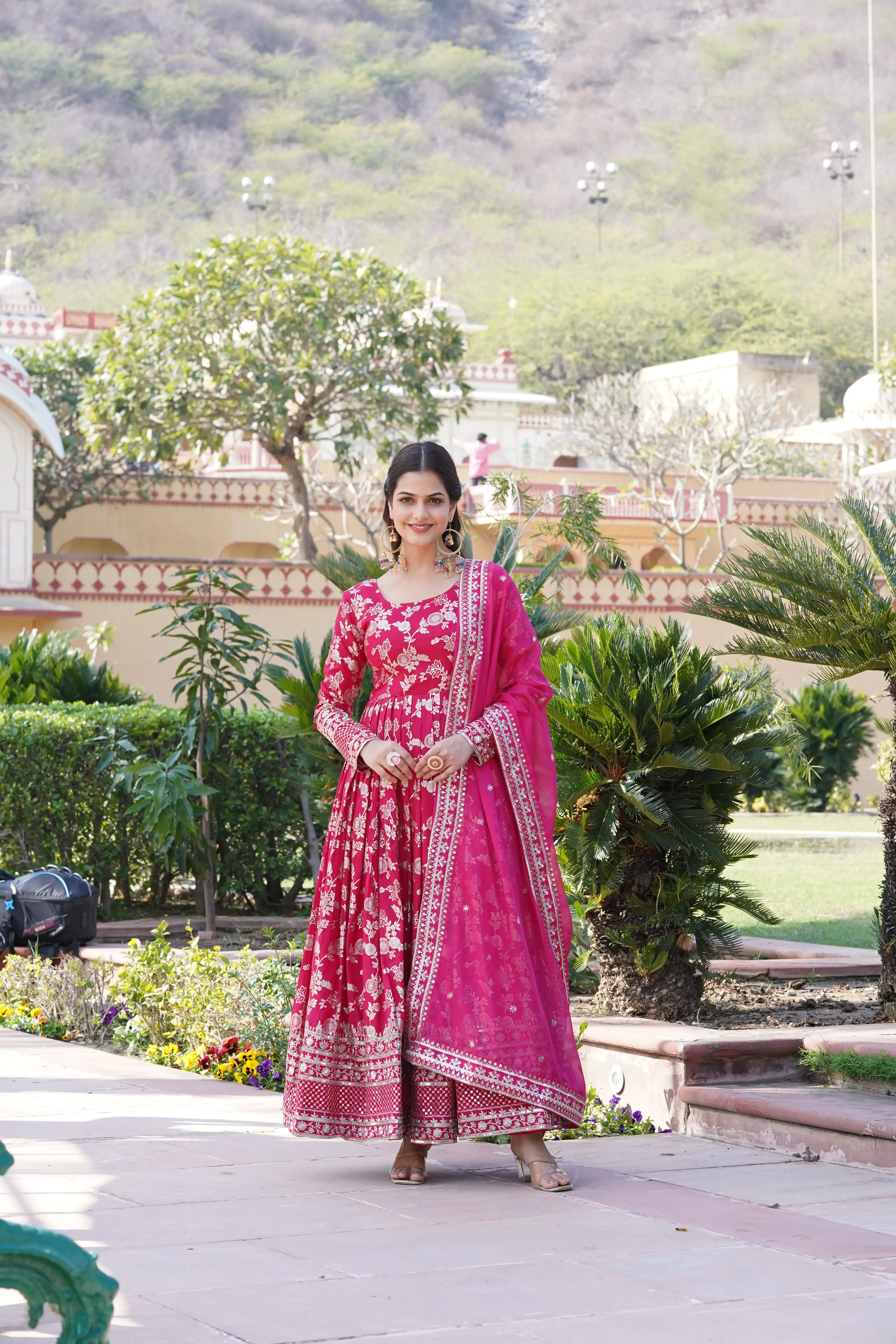 Pink Viscose Dyable Jacquard Gown with Russian Silk Sequined Dupatta – Elegant Party & Wedding Set