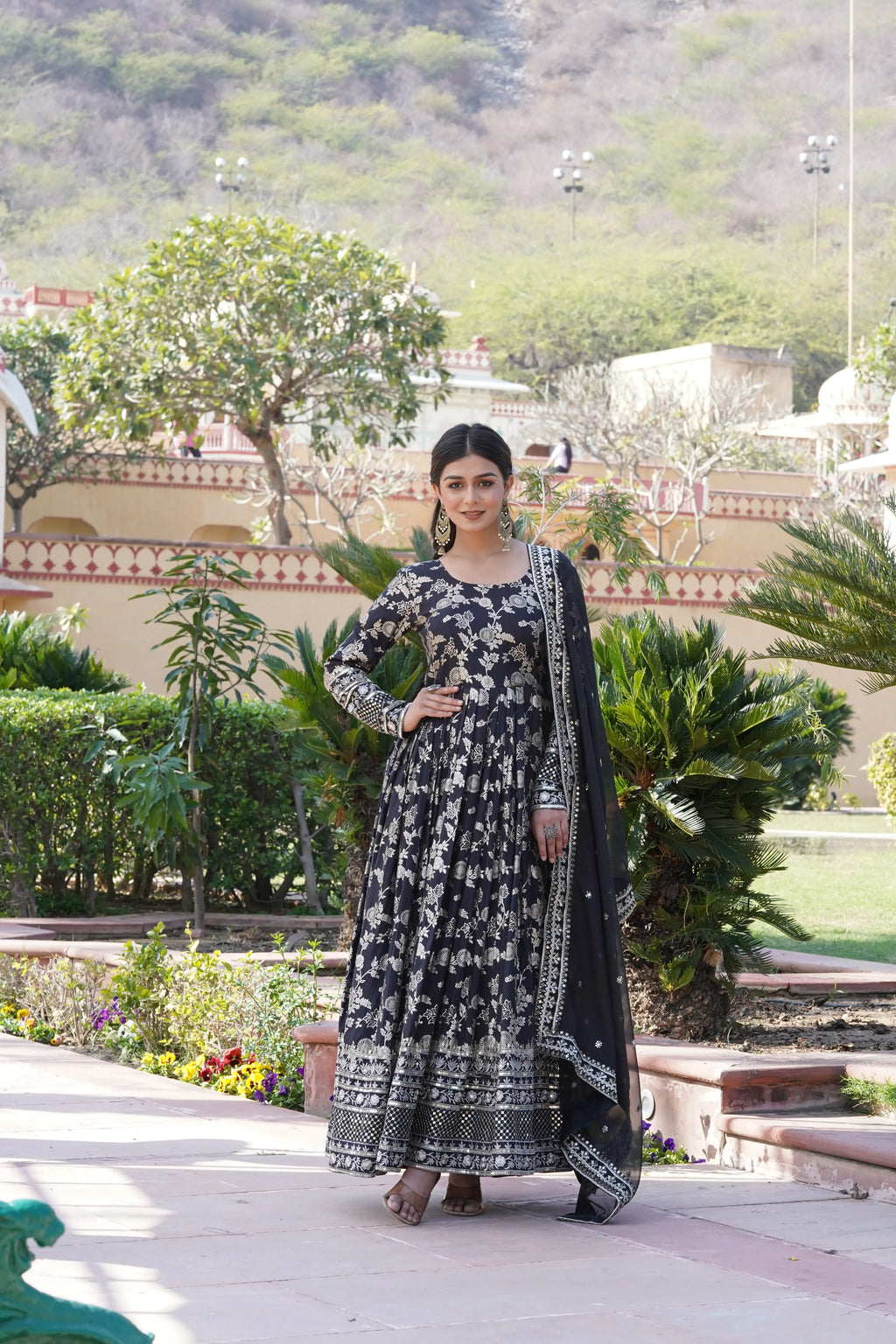 Black Viscose Dyable Jacquard Gown with Russian Silk Sequined Dupatta – Elegant Party & Wedding Set