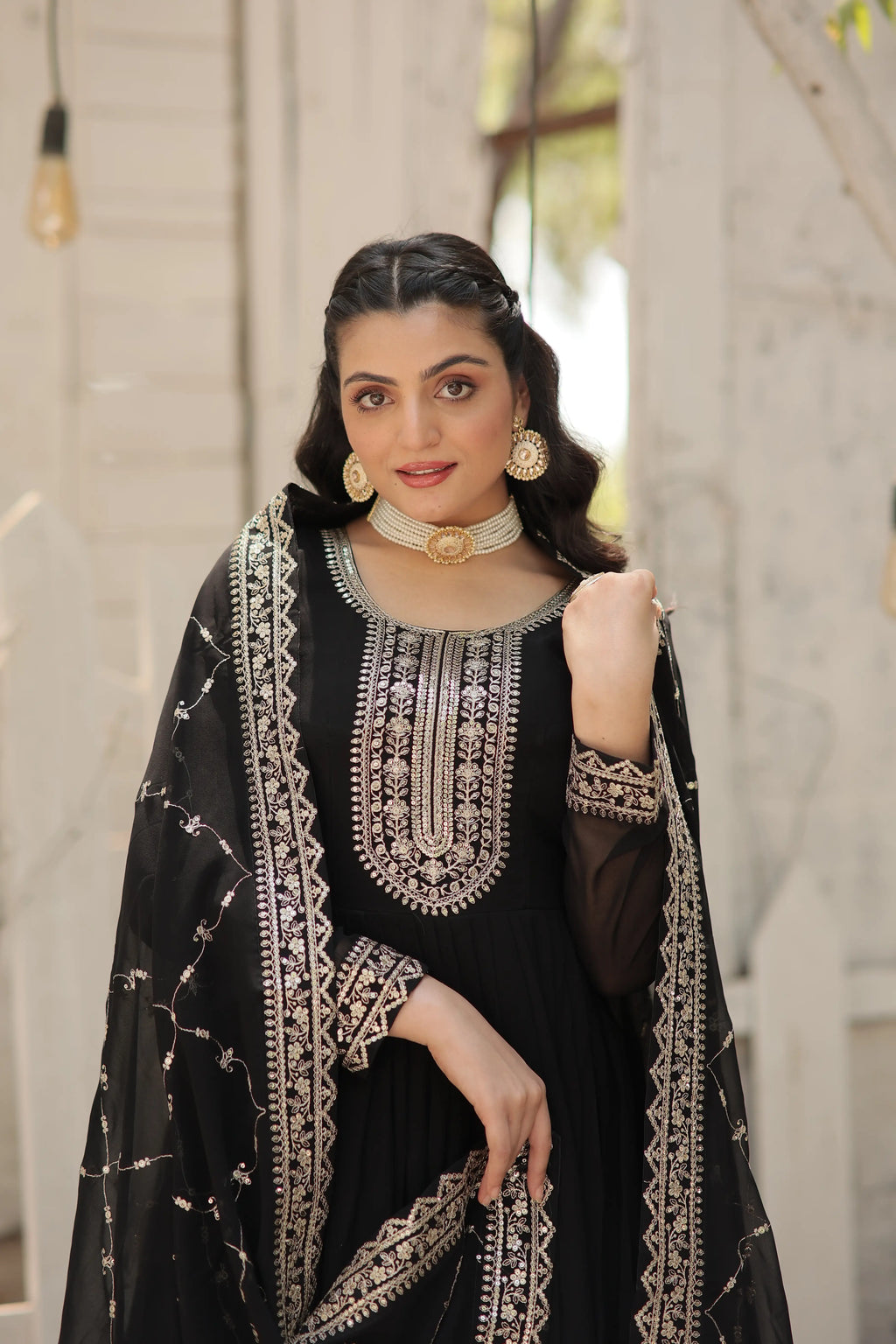 Black Faux Blooming Sequins Embroidered Gown with Matching Dupatta – Festive & Party Wear
