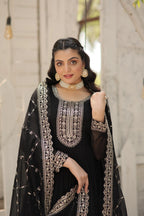 Black Faux Blooming Sequins Embroidered Gown with Matching Dupatta – Festive & Party Wear