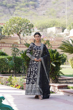 Black Viscose Dyable Jacquard Gown with Russian Silk Sequined Dupatta – Elegant Party & Wedding Set