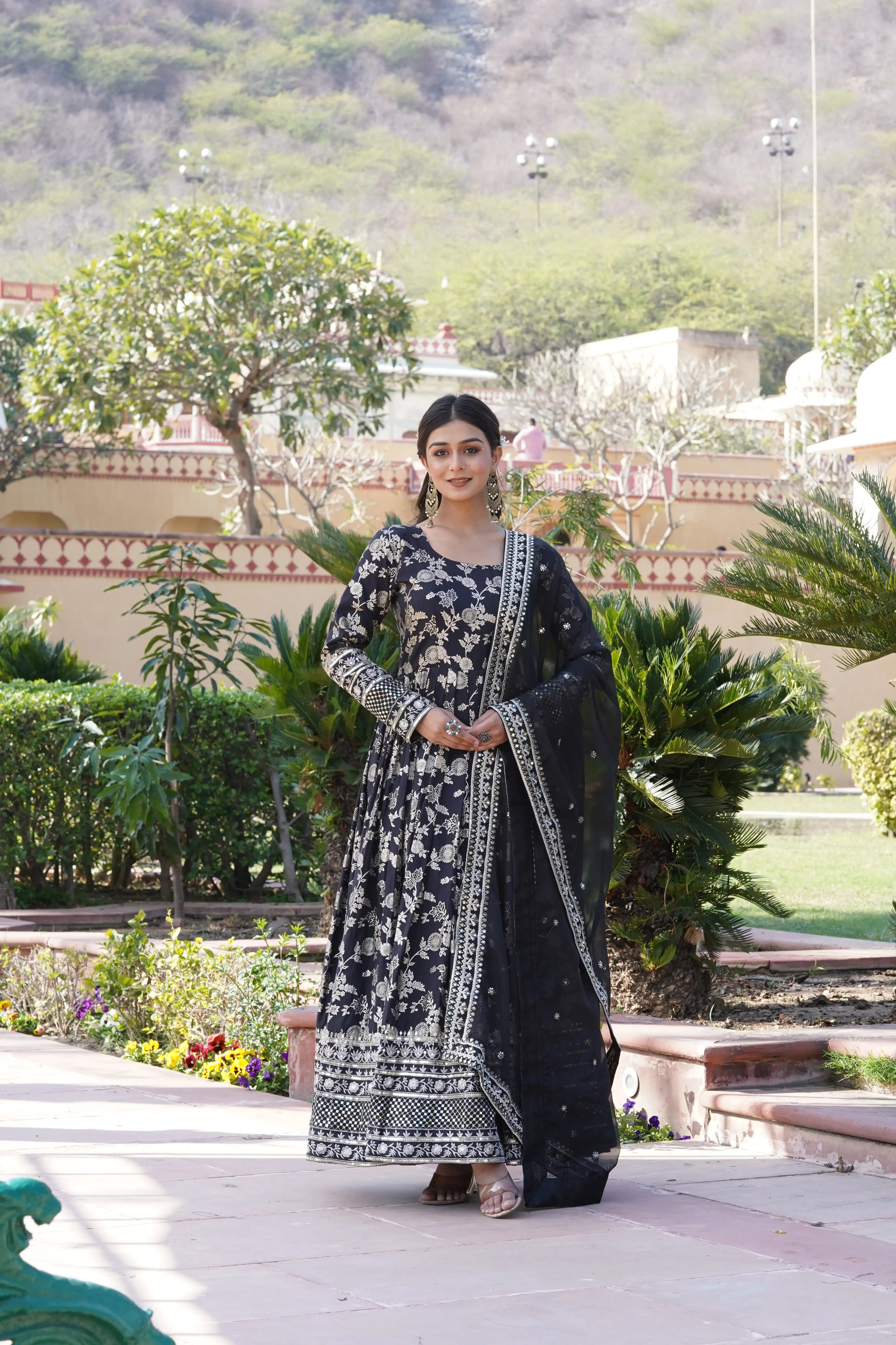 Black Viscose Dyable Jacquard Gown with Russian Silk Sequined Dupatta – Elegant Party & Wedding Set