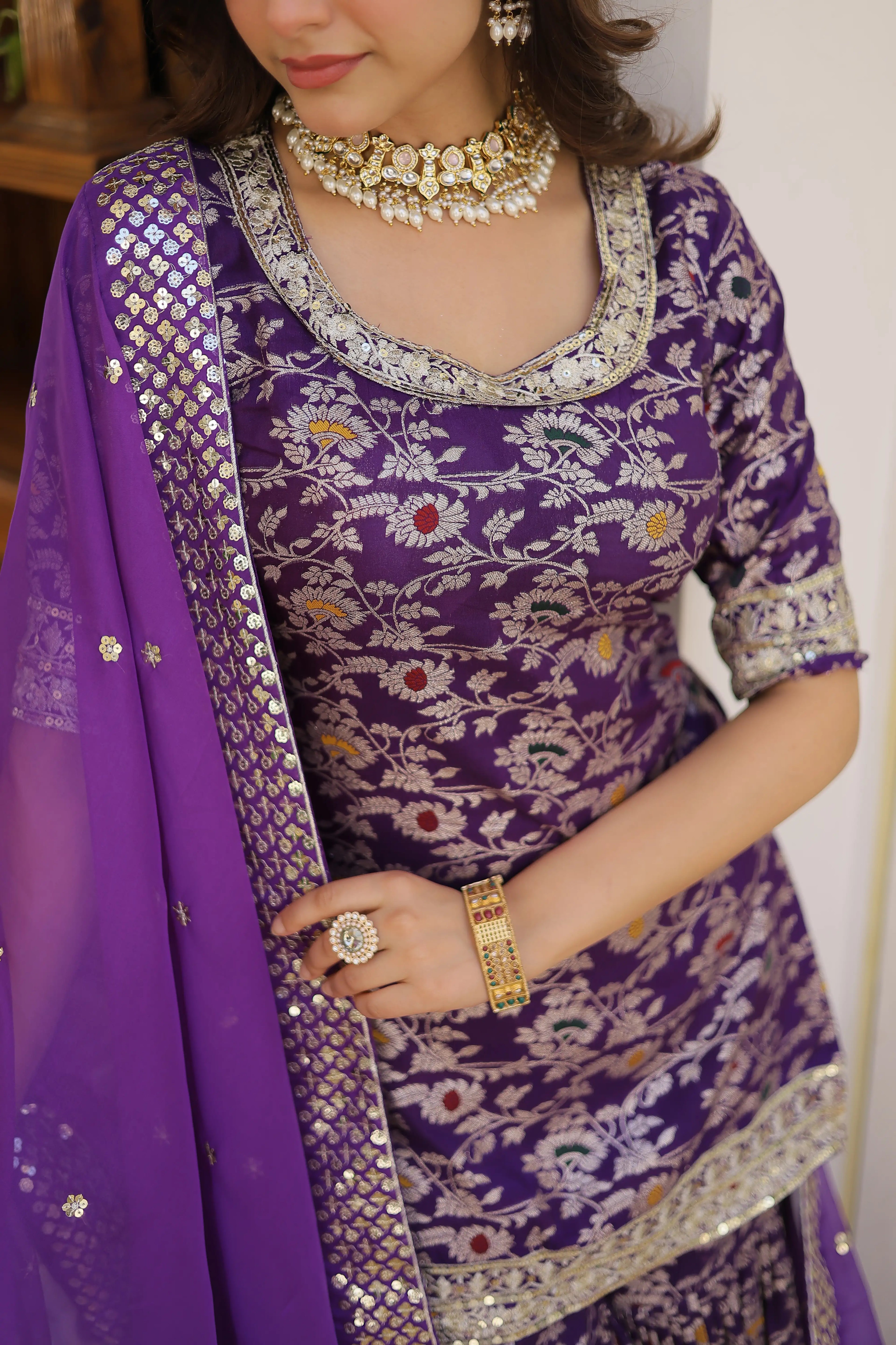Purple Faux Blooming Sequins Embroidered Sharara Set with Matching Dupatta – Festive & Party Wear