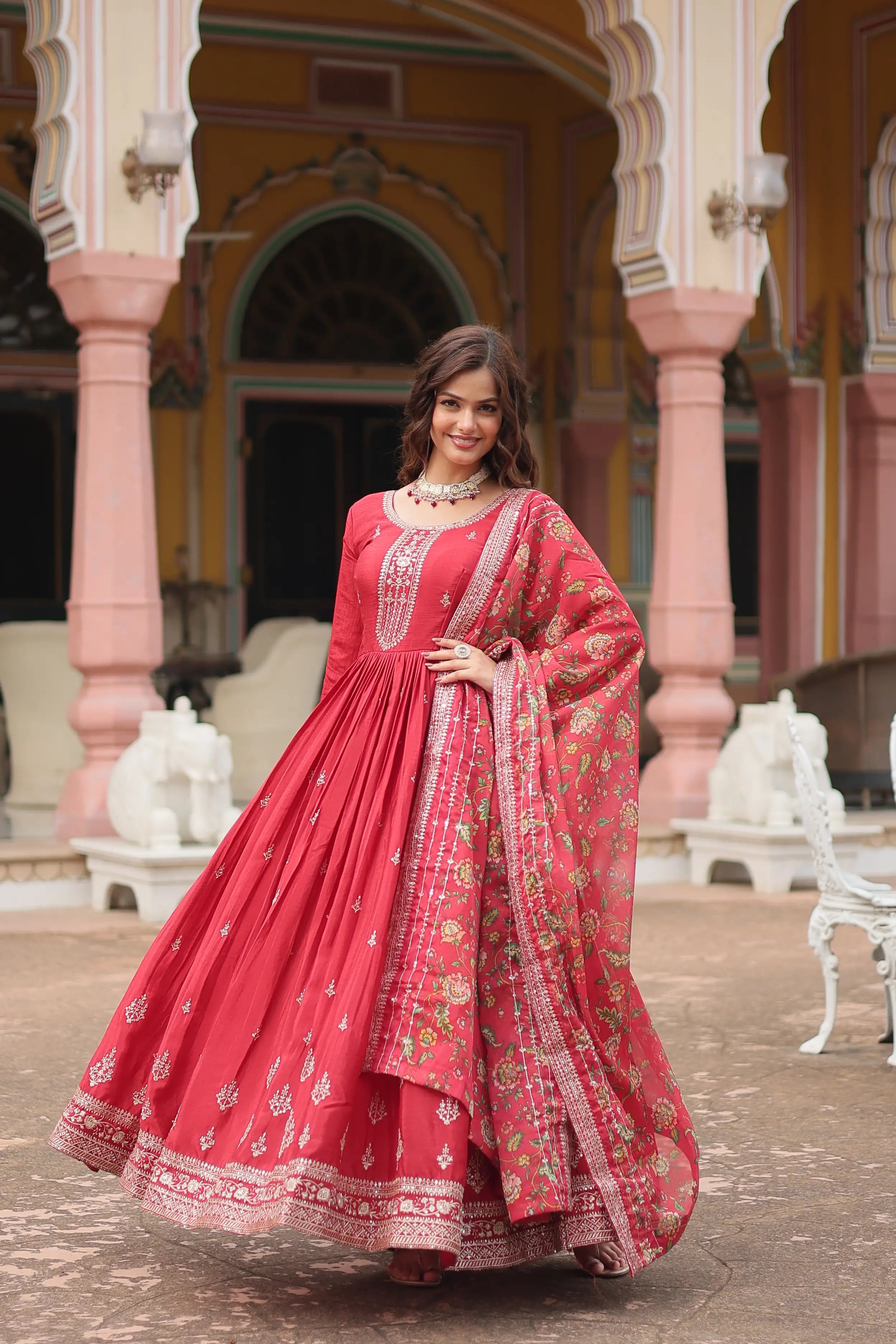 Maroon Designer Chinon Sequins Embroidered Gown with Kalamkari Silk Dupatta