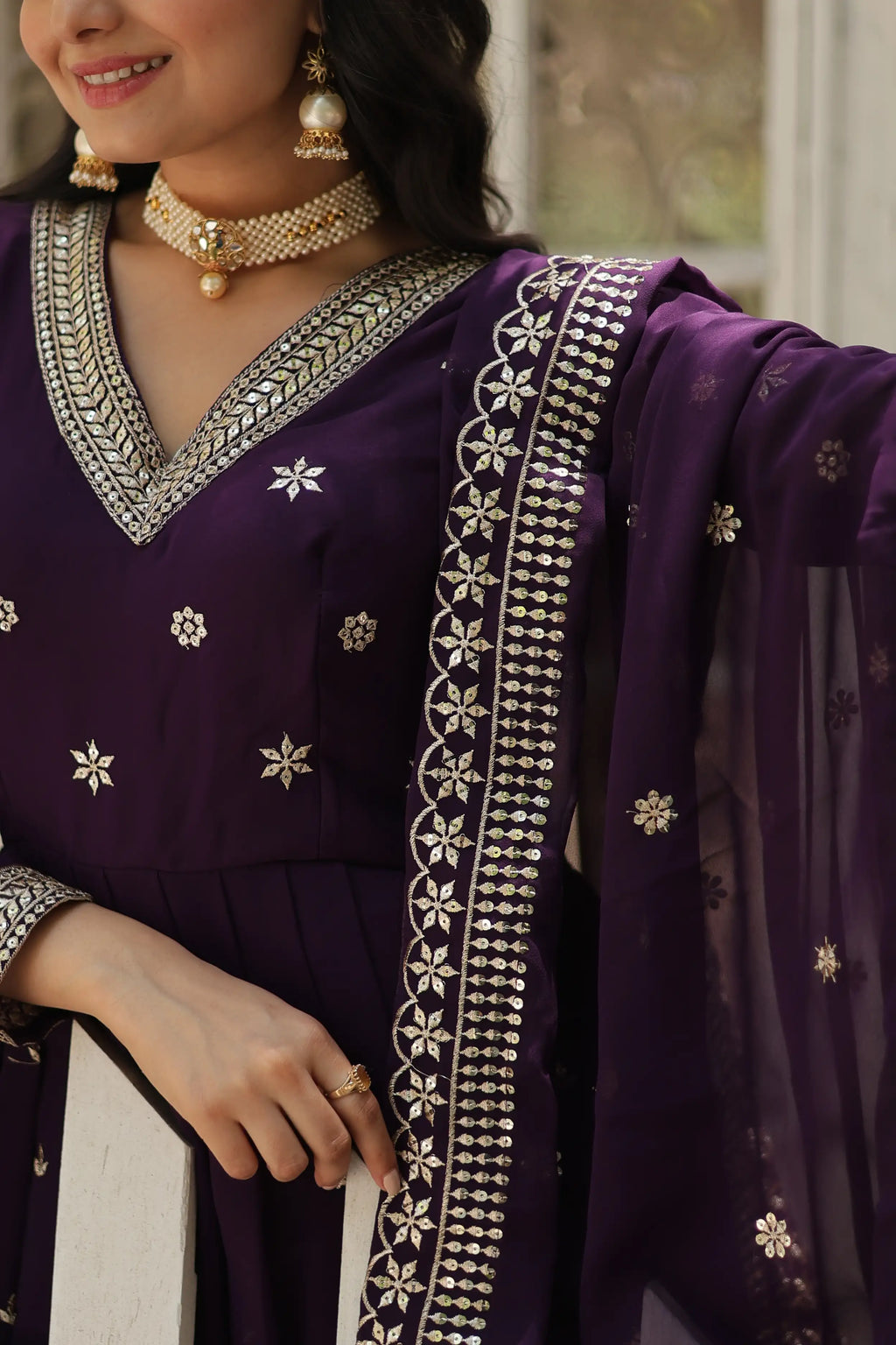 Purple Designer Faux Blooming Anarkali Gown with Sequins Embroidered Dupatta – Wedding & Festive Wear