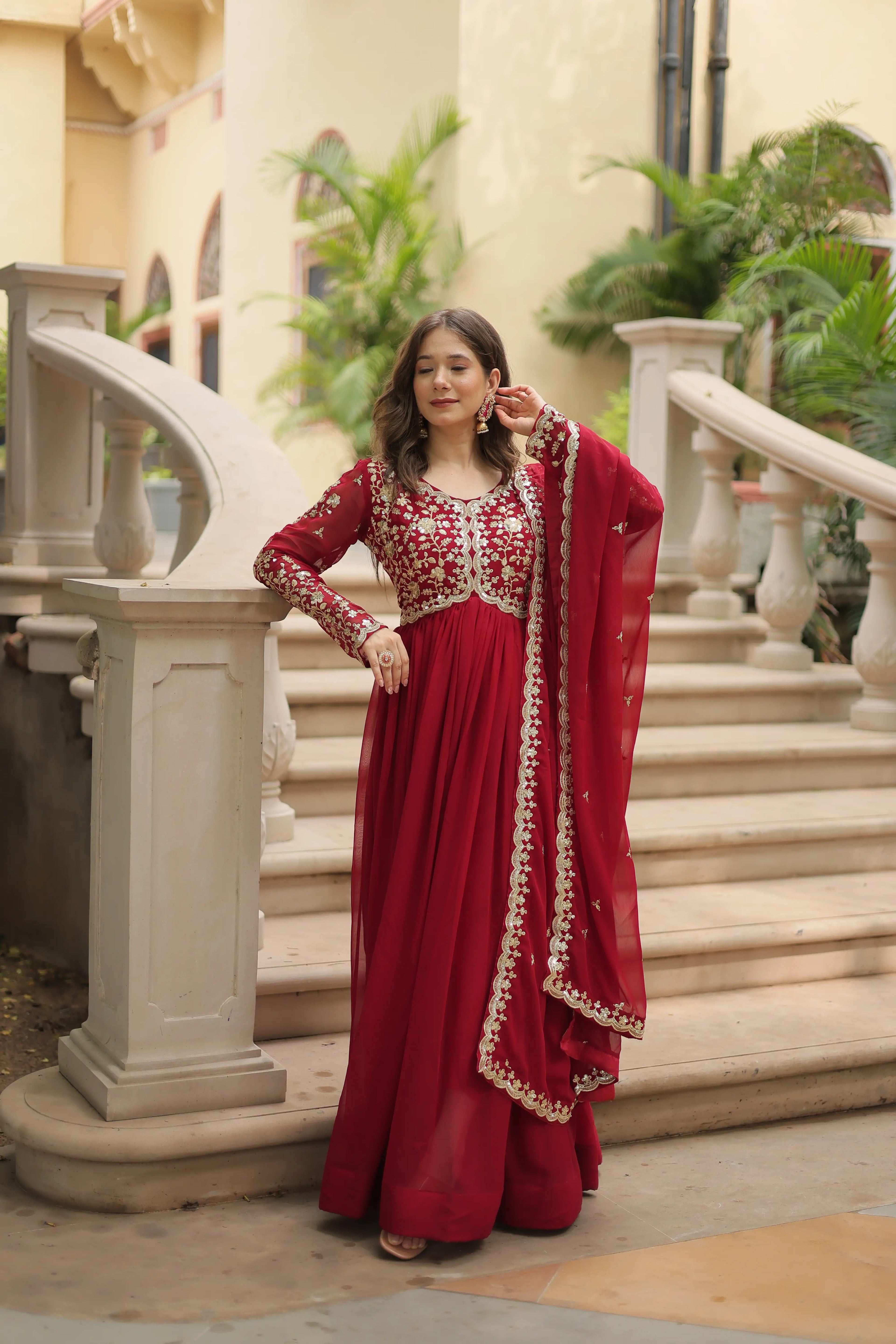 Maroon Faux Blooming Sequins & Zari Embroidered Gown with Matching Dupatta