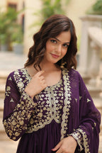 Wine Faux Blooming Sequins & Zari Embroidered Gown with Matching Dupatta