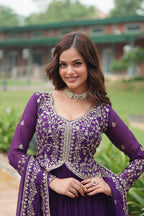 Purple Faux Blooming Sequins & Zari Embroidered Gown with Matching Dupatta