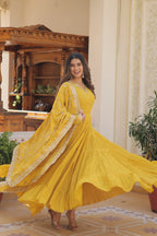 Yellow Faux Georgette Designer Gown with Sequined Dupatta – Fully Flared Elegant Party & Wedding Set