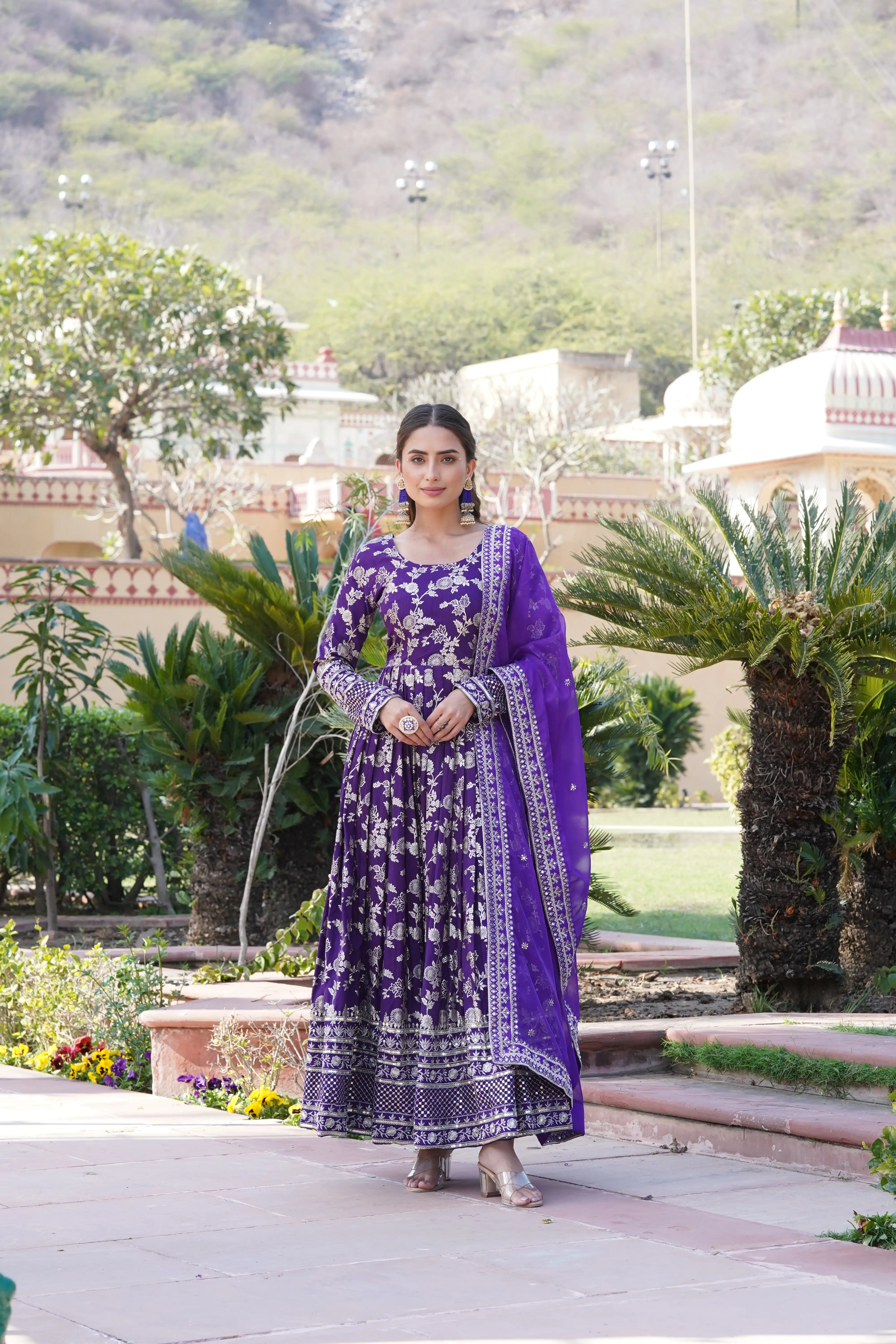 Purple Viscose Dyable Jacquard Gown with Russian Silk Sequined Dupatta – Elegant Party & Wedding Set