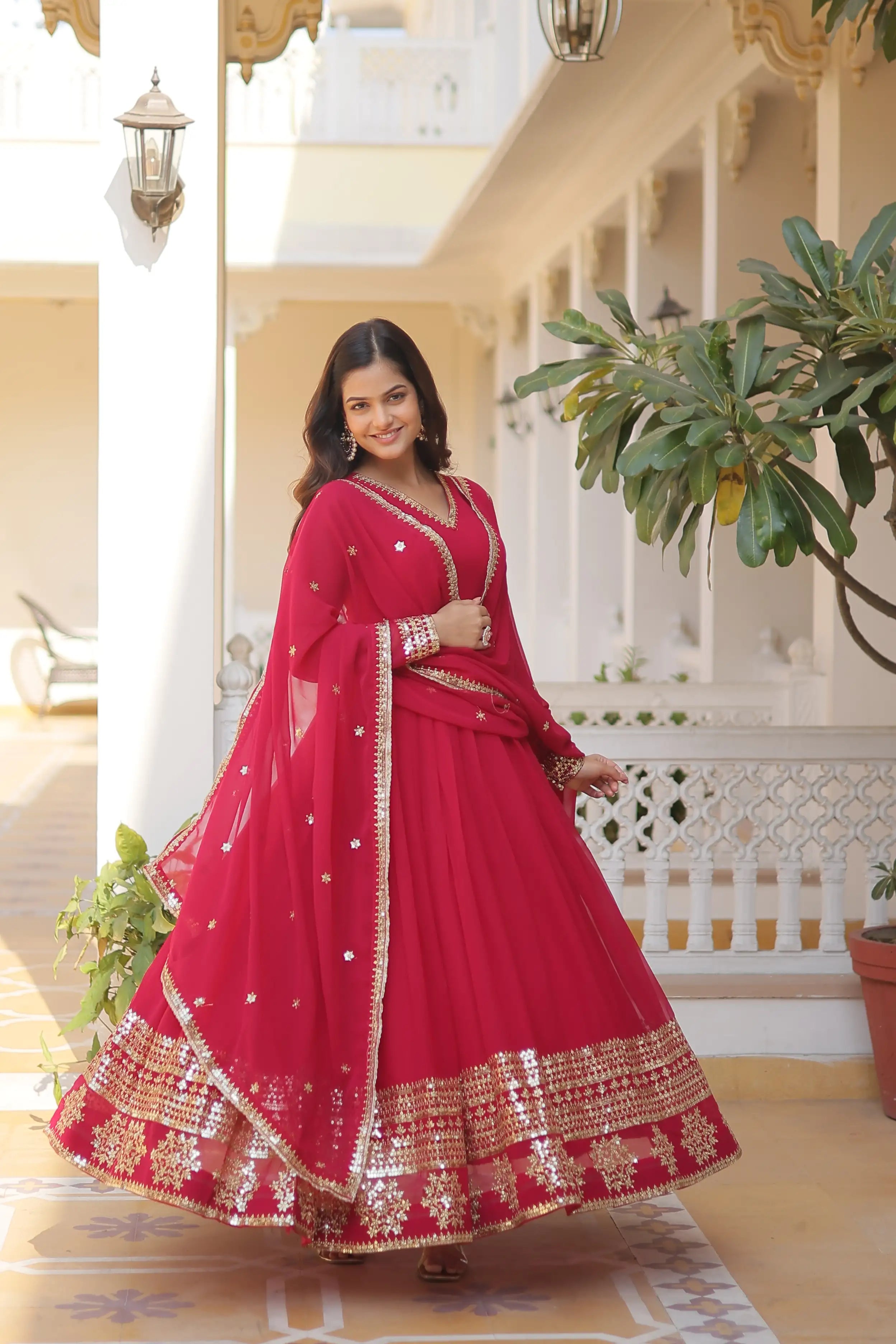 Pink Faux Blooming Gown with Sequined Dupatta – Elegant Fully Flared Party & Wedding Set