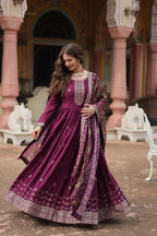 Wine Designer Chinon Sequins Embroidered Gown with Kalamkari Silk Dupatta
