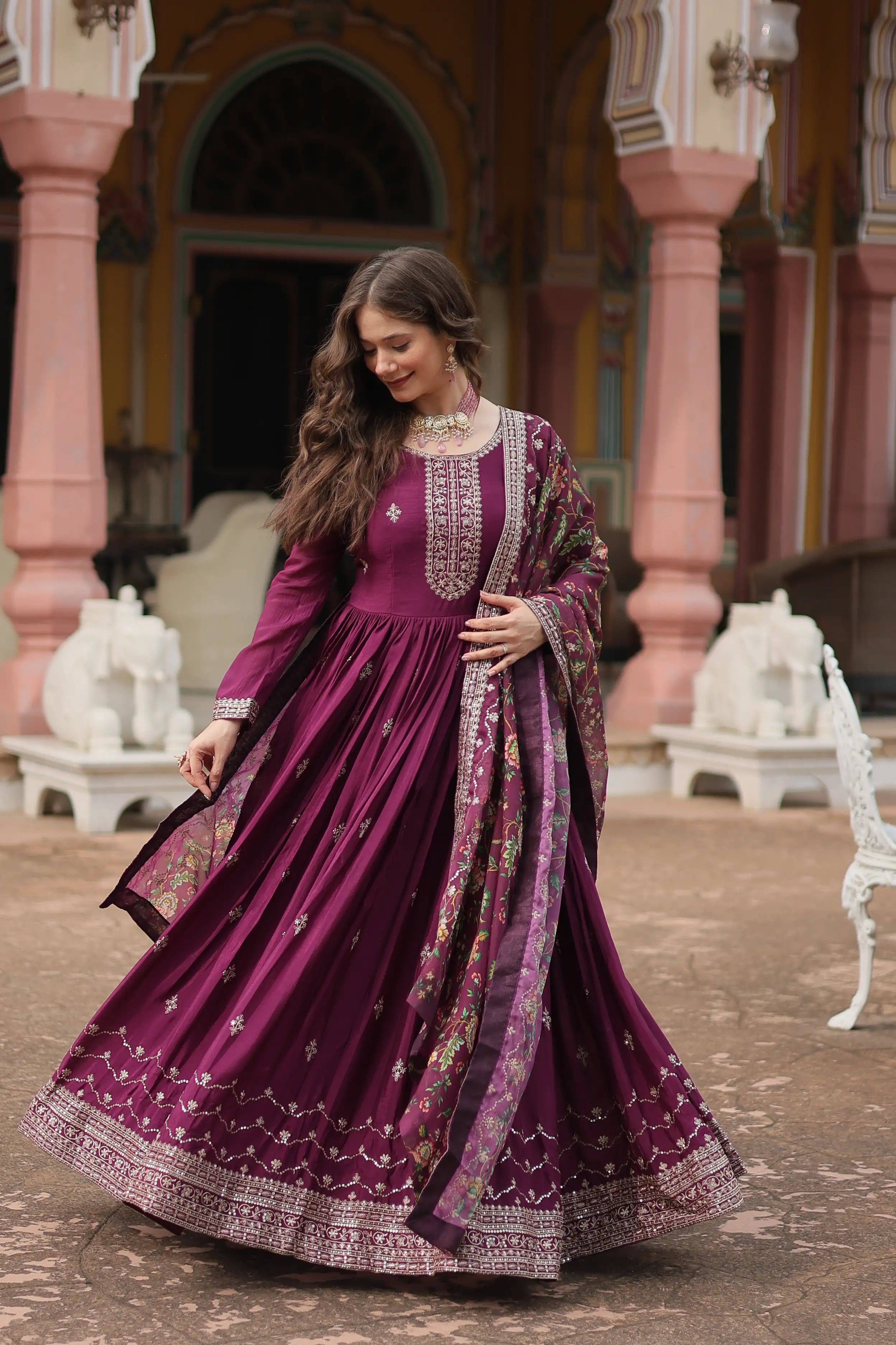 Wine Designer Chinon Sequins Embroidered Gown with Kalamkari Silk Dupatta