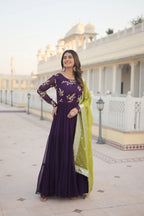 Purple Faux Georgette Designer Gown with Russian Silk Sequined Dupatta – Elegant Fully Flared Party & Wedding Set