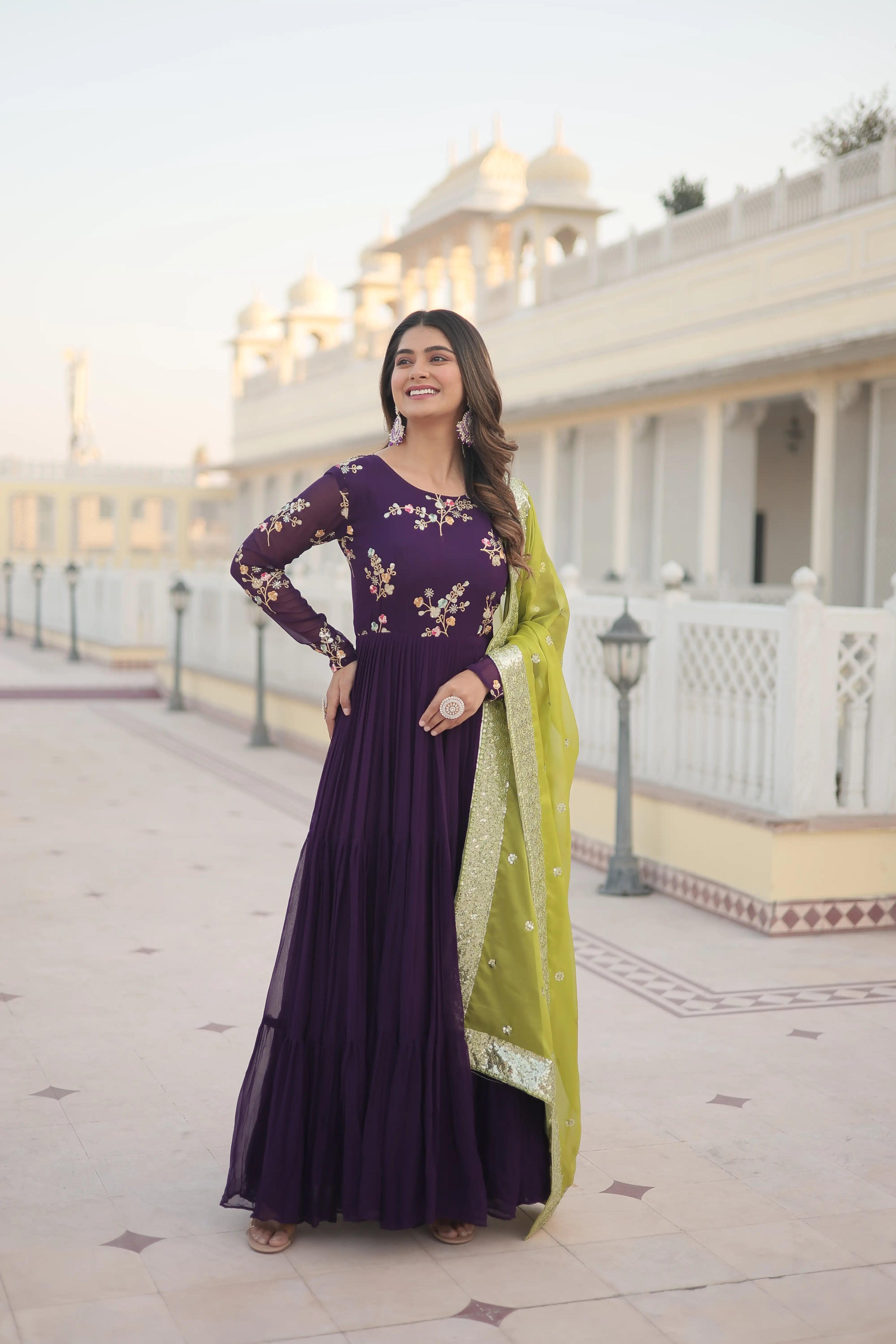 Purple Faux Georgette Designer Gown with Russian Silk Sequined Dupatta – Elegant Fully Flared Party & Wedding Set