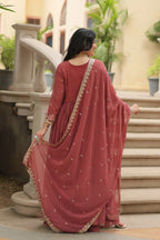 Coffee Faux Georgette Sequins Embroidered Kurti with Sharara & Dupatta Set