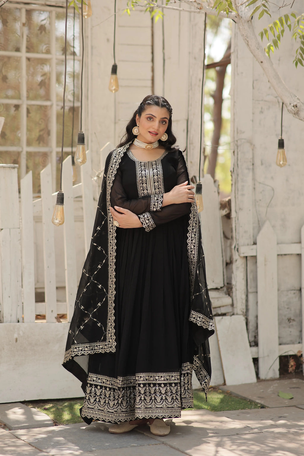 Black Faux Blooming Sequins Embroidered Gown with Matching Dupatta – Festive & Party Wear