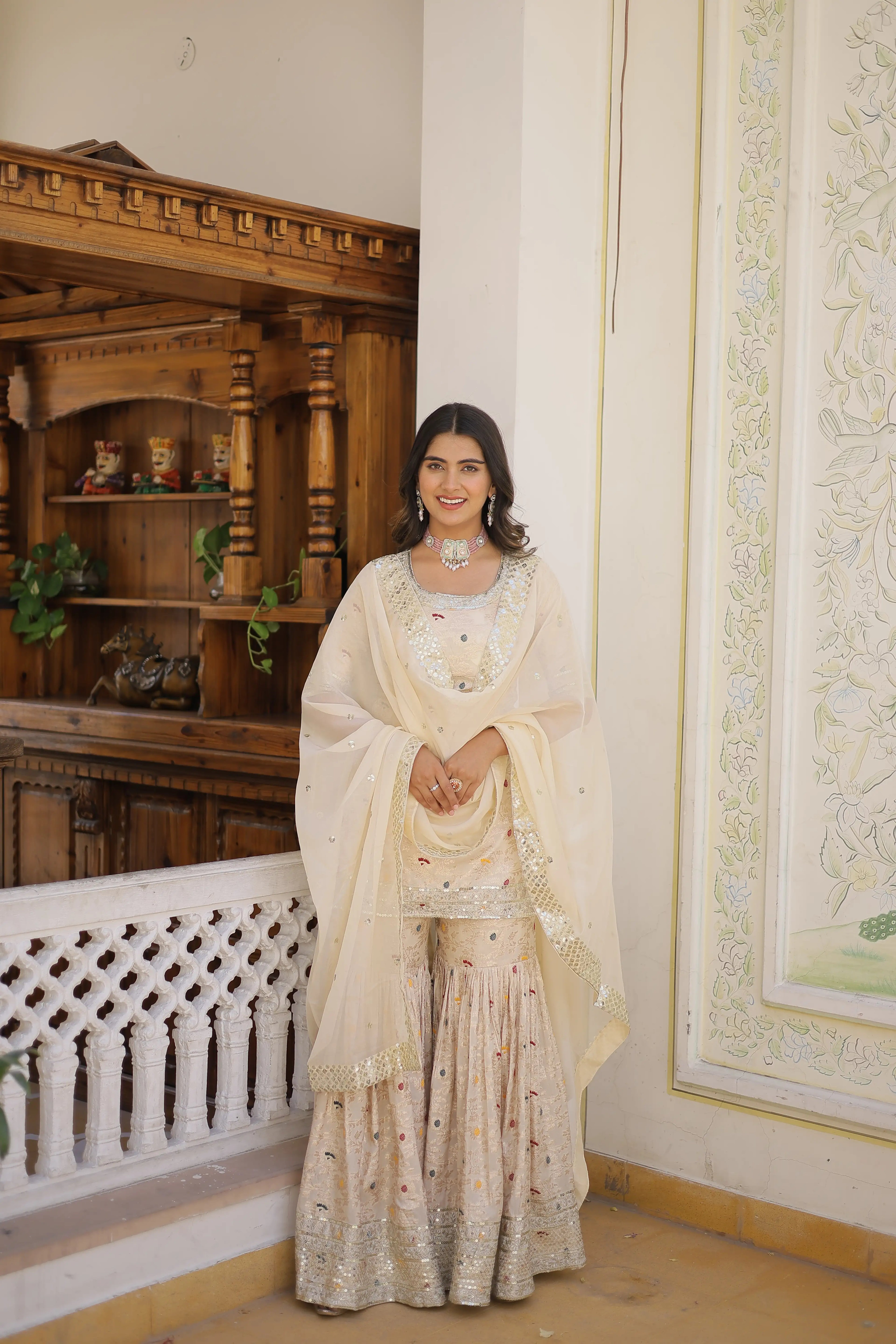 White Faux Blooming Sequins Embroidered Sharara Set with Matching Dupatta – Festive & Party Wear