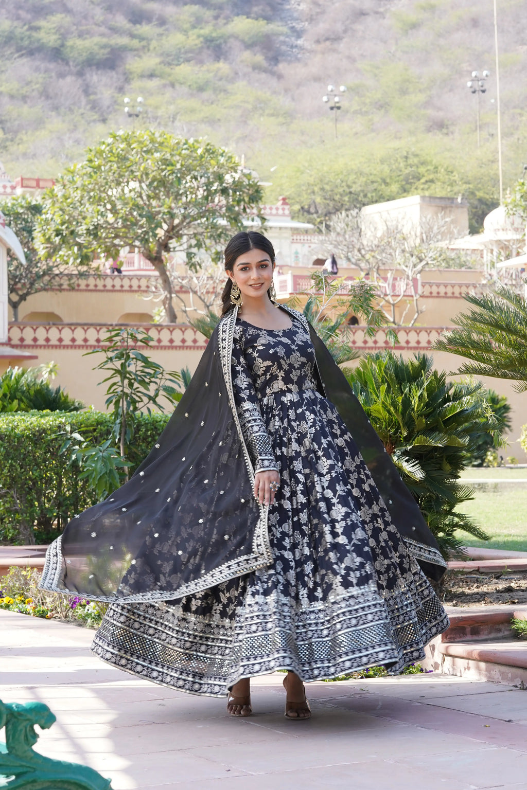 Black Viscose Dyable Jacquard Gown with Russian Silk Sequined Dupatta – Elegant Party & Wedding Set