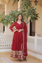 Maroon Faux Blooming Gown with Sequined Dupatta – Elegant Fully Flared Party & Wedding Set