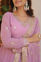 Purple Faux Georgette Designer Gown with Sequined Dupatta – Fully Flared Elegant Ready-to-Wear Set